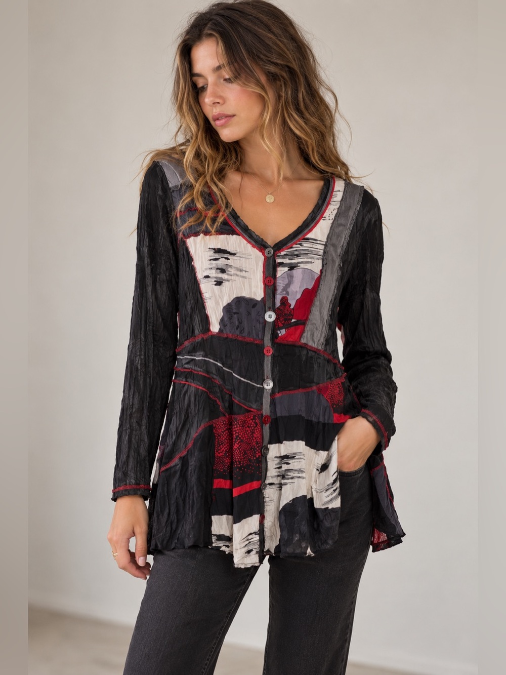 Vintage Wearable Art Tunic Top | Patchwork Crinkle | Y2K Boho Fairy Goth